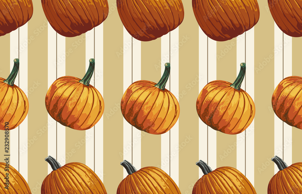 Fototapeta premium Printable seamless vintage autumn repeat pattern background with pumpkins. Botanical wallpaper, raster illustration in super High resolution.