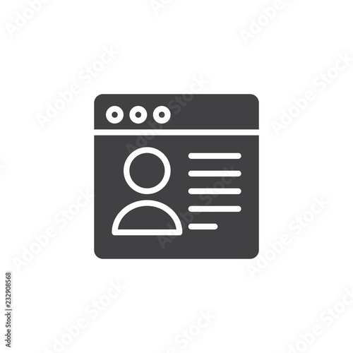 User profile browser page vector icon. filled flat sign for mobile concept and web design. Internet page simple solid icon. Symbol, logo illustration. Pixel perfect vector graphics