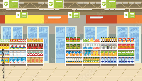 Supermarket Interior with Food on Shelves Vector
