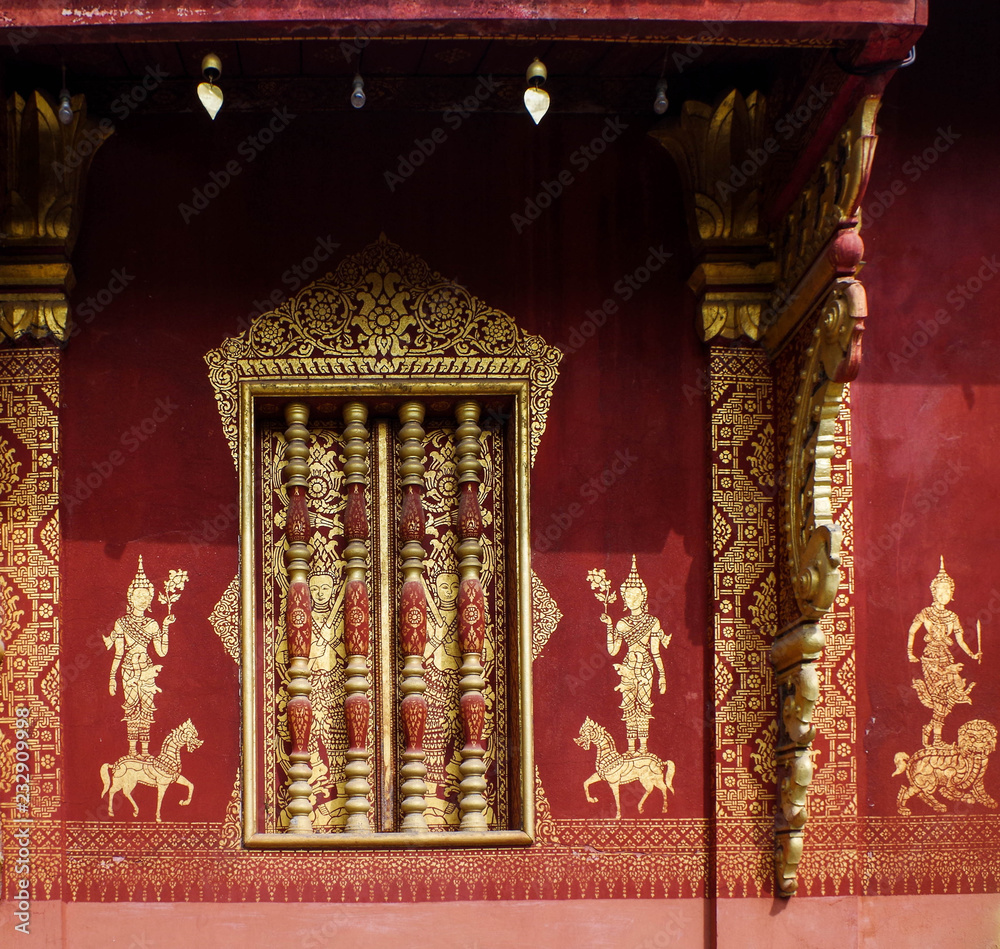 Red and Gold Temple Window  Closeup - Chiang Mai, Thailand