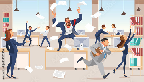 Angry boss screams in chaos at his subordinates