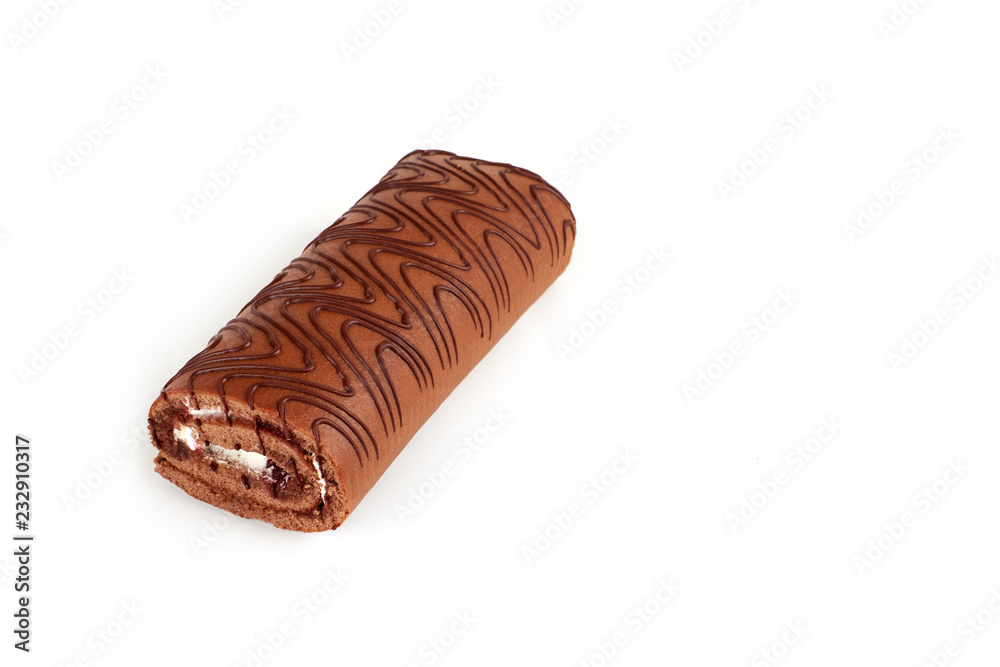 Chocolate biscuit roll cake isolated on white background.