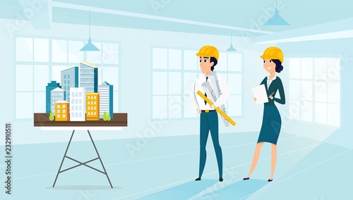 Group of architects with city architecture layout