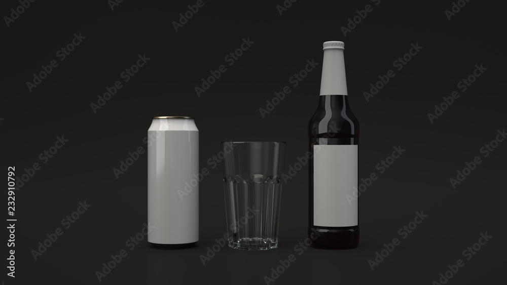 Mock up of beer bottle, can and an empty glass Mock up of beer bottle, can and an empty glass