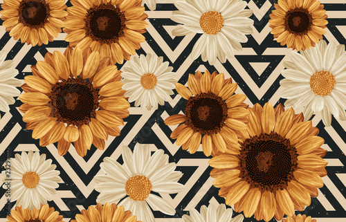 Printable seamless vintage autumn repeat pattern background with daisies and sunflowers. Botanical wallpaper, raster illustration in super High resolution.