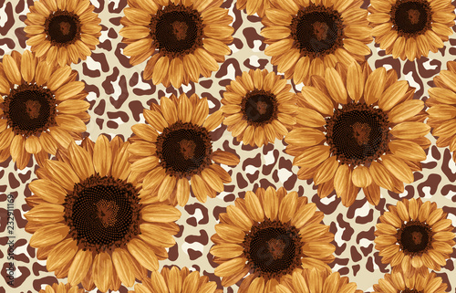 Fototapeta Naklejka Na Ścianę i Meble -  Printable seamless vintage autumn repeat pattern background with sunflowers. Botanical wallpaper, raster illustration in super High resolution.