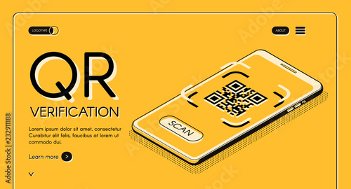 QR code verification service web banner isometric vector design template with machine-readable barcode on smartphone screen line art illustration. Mobile application for internet business landing page