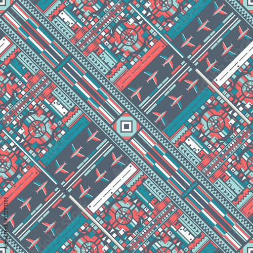 Top view of abstract city and airport. Seampless pattern.