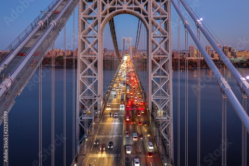 Aerial view of the evening rush hour traffic on George Washington Bridge, as viewed from New Jersey