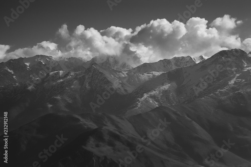Panorama of the ridge with clouds. Black and white. Republic of North Ossetia. © esalienko