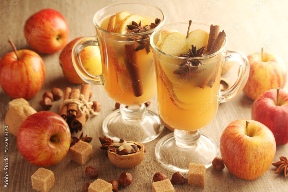 Two cups with hot cider in cold season with cinnamon and anise