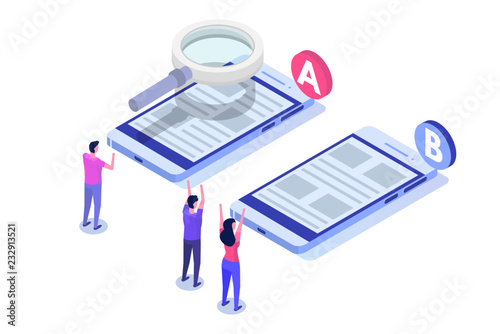 A-B comparison. Split testing isometric concept. Vector illustration.