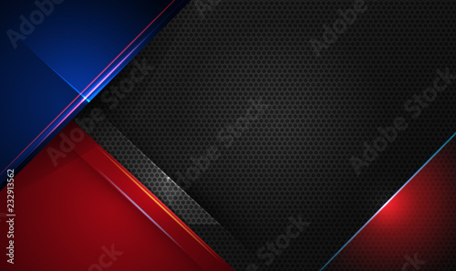 Illustration of abstract blue, red and black metallic with light ray and glossy line. Metal frame design for background. Vector design modern digital technology concept for wallpaper, banner template