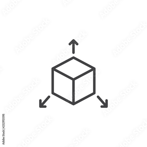 Cube with arrows out outline icon. linear style sign for mobile concept and web design. Three dimensions line vector icon. Symbol, logo illustration. Pixel perfect vector graphics photo