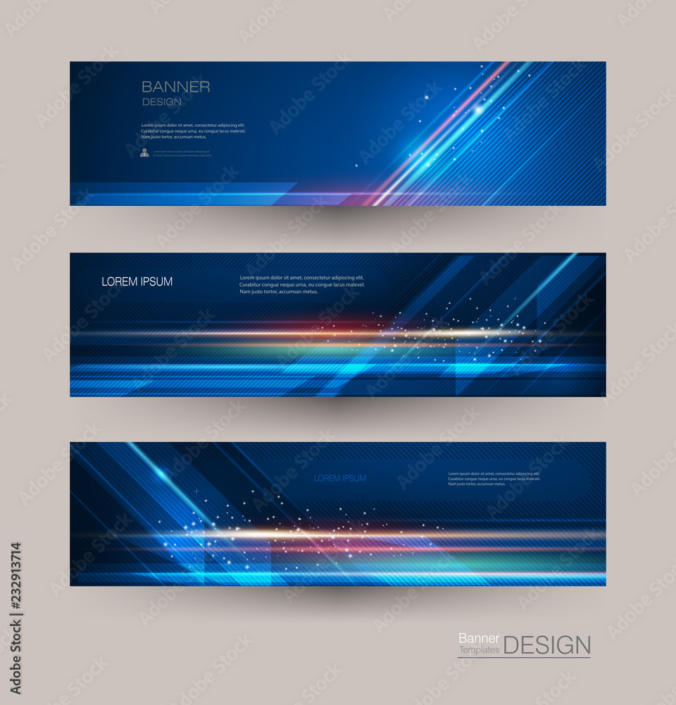 Fototapeta premium Abstract banners set with image of speed movement pattern and motion blur over dark blue color. Science, futuristic, energy technology concept. Vector background for web banner template or brochure