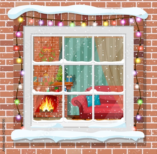 Christmas window in brick wall.