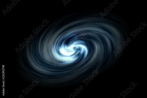 Abstract spiral galaxy with light blue smoke on black background