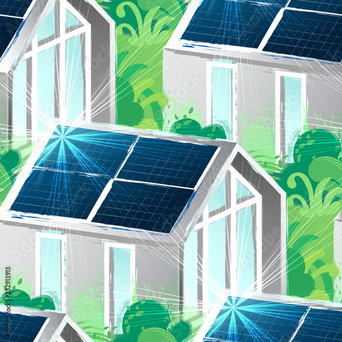 The sun moves across the sky and illuminates the solar panels on the roof of the house