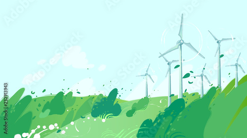 Spinning wind turbines in the field with leaves blowig out of the