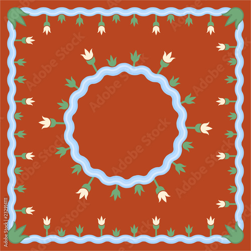 Lake pattern on brown background with round template for text in simplified egyptian style.