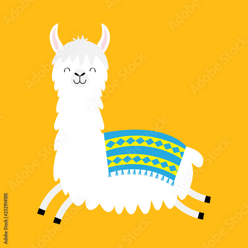 Llama alpaca running jumping. Cute cartoon funny kawaii smiling character. Childish baby collection. Fluffy hair fur. T-shirt, greeting card, poster template print. Flat design. Yellow background.