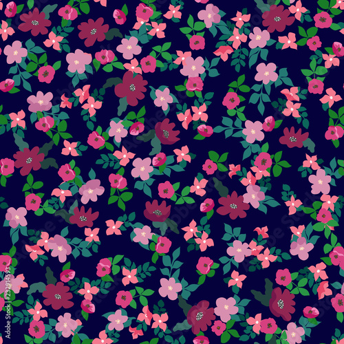 Small naive flowers seamless pattern. Chaotic order. Summer trendy floral background in liberty style. For textile, wallpaper, surface, print, gift wrap, scrapbooking, decoupage
