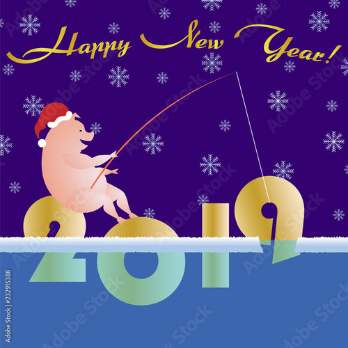 greeting card pig fishing with a fishing rod new year 2019