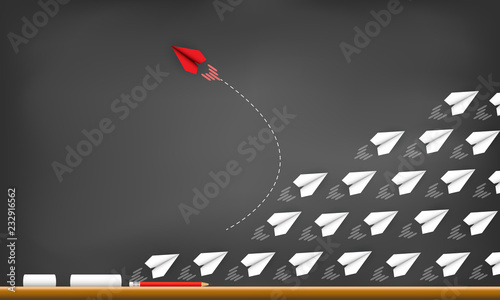 Red paper plane changing direction from white. drawing on blackboard background. new idea. different business concept. courage to risk. leadership. Vector illustration