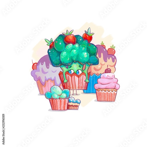 Cute hand drawn illustration of broccoli - cupcake on white background for blog or website (ID: 232916589)