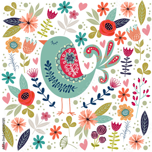 Fotótapéta Art vector colorful illustration with beautiful abstract folk bird and flowers