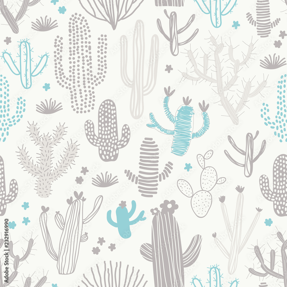 Cute seamless pattern with different cacti. Perfect for fabric, textile. Vector background.