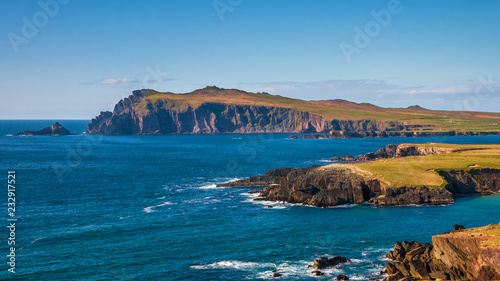 Panorama view over Sybil Head and Clogher Head, Dingle Peninsula, Ring of Kerry, Ireland. Rocky coastline along Wild Atlantic Way
