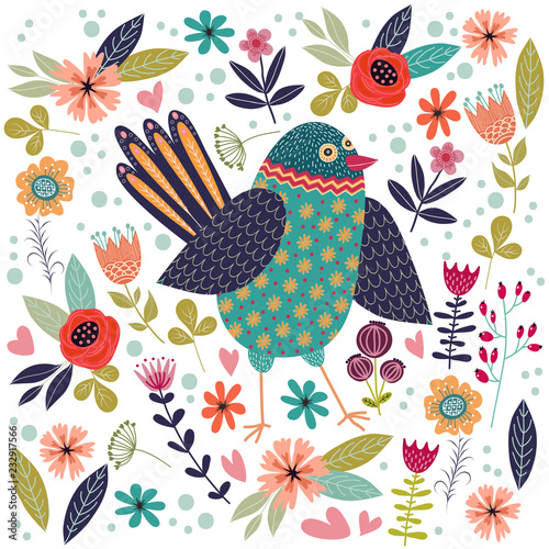 Art vector colorful illustration with beautiful abstract folk bird and flowers.