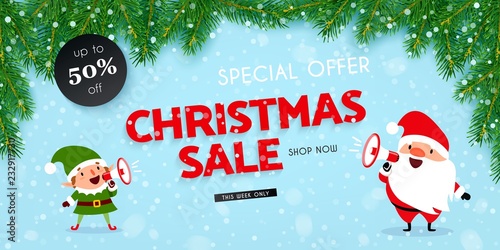 Christmas sale, banner with Santa Claus, elf, snow, christmas tree, Vector llustration