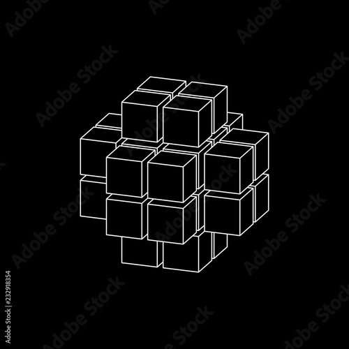 Abstract 3d cube from cubes. Dimetric projection. Vector outline illustration.