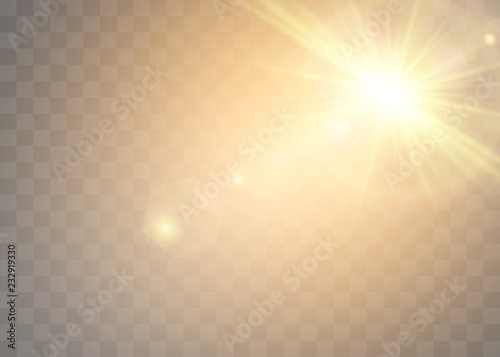 Sunlight on a transparent background. Glow light effects. Star flashed sequins. Sun glare on transparent background. the lens sparkles.