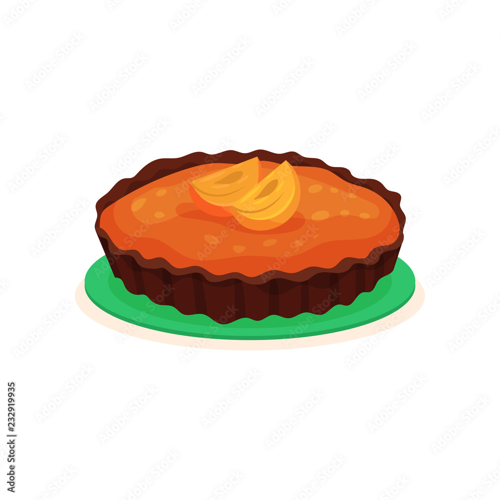 Tasty homemade pie with jam and slices of persimmon on top. Delicious fruit dessert. Sweet food theme. Flat vector icon Tasty homemade pie with jam and slices of persimmon on top. Delicious fruit dessert. Sweet food theme. Flat vector icon