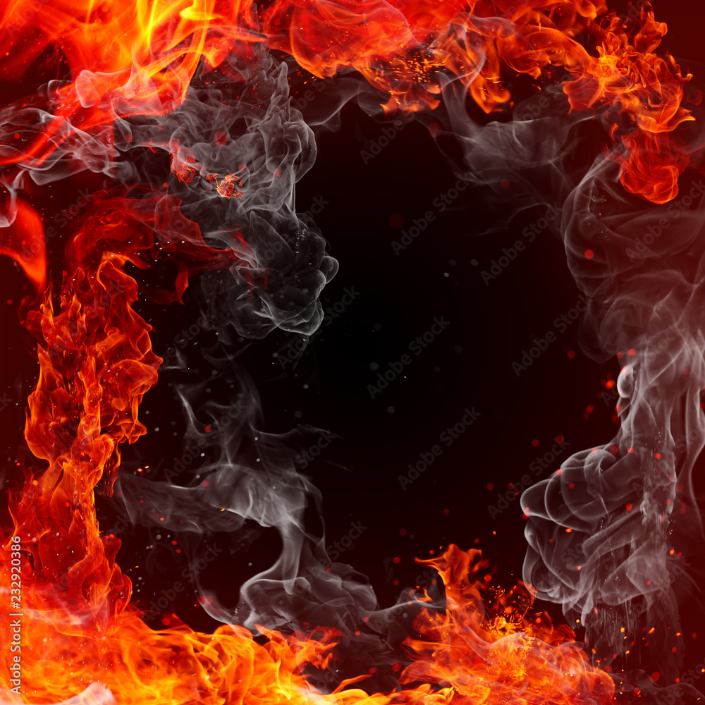 Fire - fiery background - red flames, sparks and waving white smoke on a  black background Stock-Foto | Adobe Stock