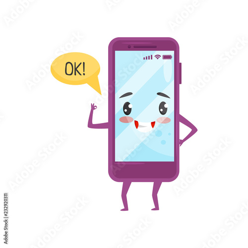 Cute humanized smartphone with kawaii face showing Ok gesture. Cartoon character. Flat vector design
