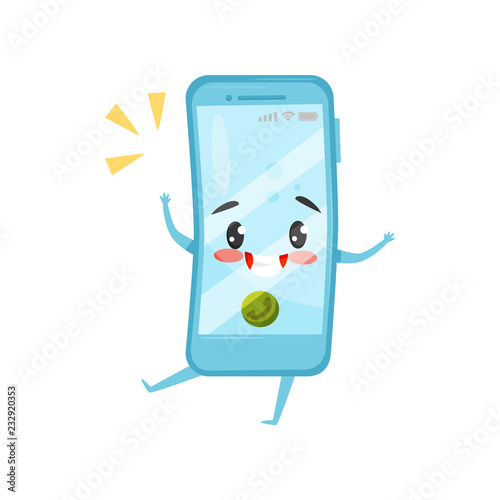 Blue humanized mobile phone with incoming call. Ringing smartphone. Cartoon character with happy face. Flat vector icon