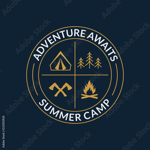 Camp logo. Round summer camping badge with adventure awaits slogan. Vector illustration.