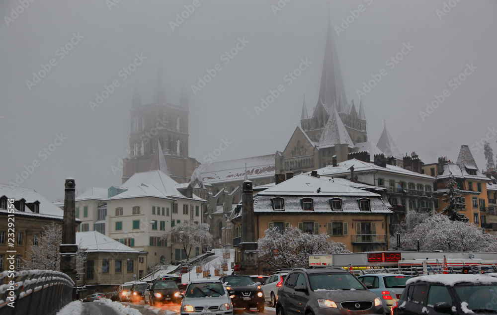 Lausanne Switzerland February 22 16 View On Lausanne Cathedral In Switzerland Snowy Street Stock Photo Adobe Stock