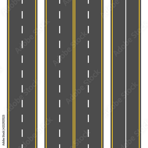Straight road set. Seamless asphalt roads collection. Highway or roadway background. Vector illustration.