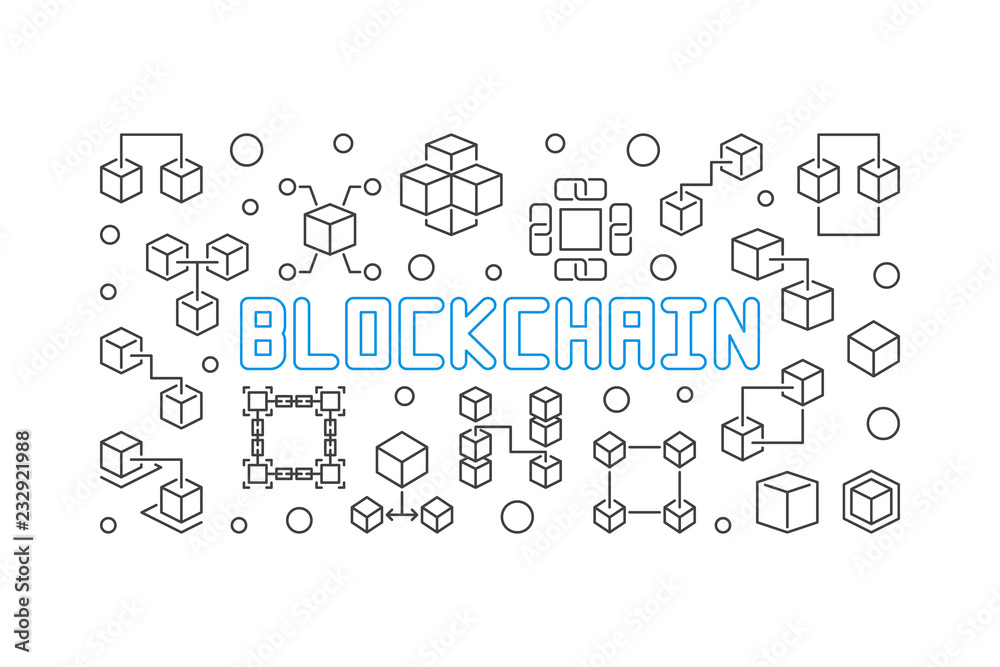 Blockchain crypto vector outline simple horizontal illustration 