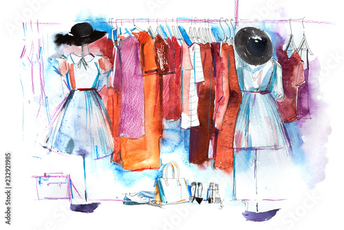 Shopping mall store clothes exhibition clothing display garment rack watercolor photo