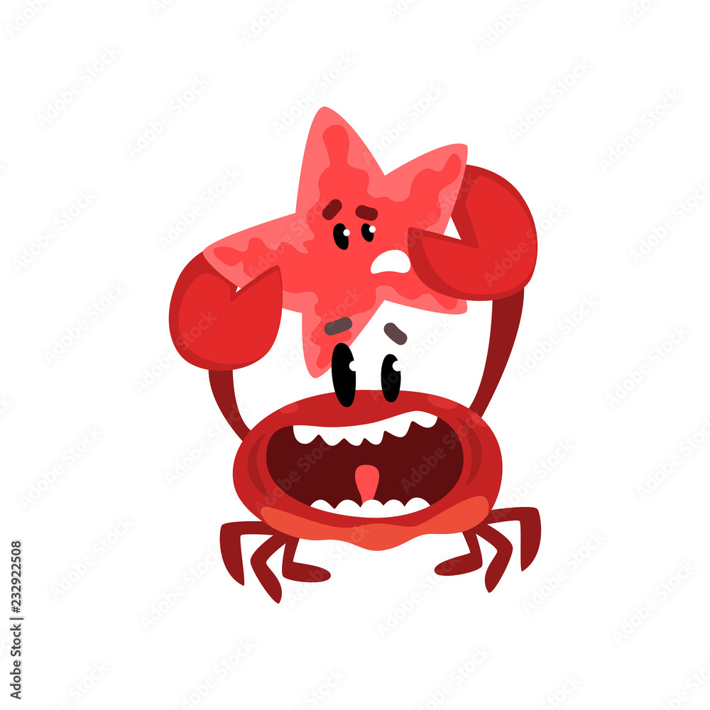 Happy crab character holding starfish, cute sea creatures with funny faces vector Illustration on a white background Happy crab character holding starfish, cute sea creatures with funny faces vector Illustration on a white background