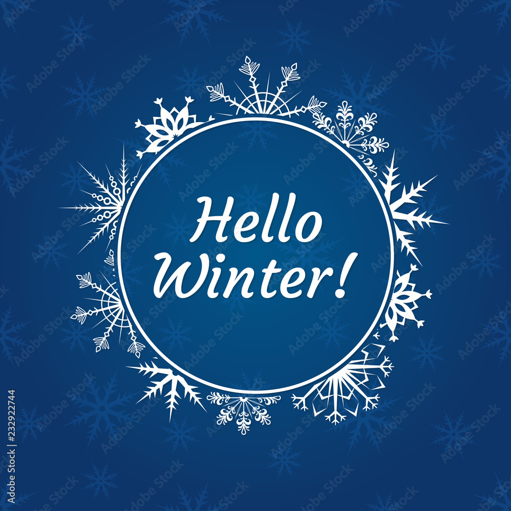 Hello winter banner with typography text and snowflakes background. Winter logo, badge or greeting card decor. Vector illustration.