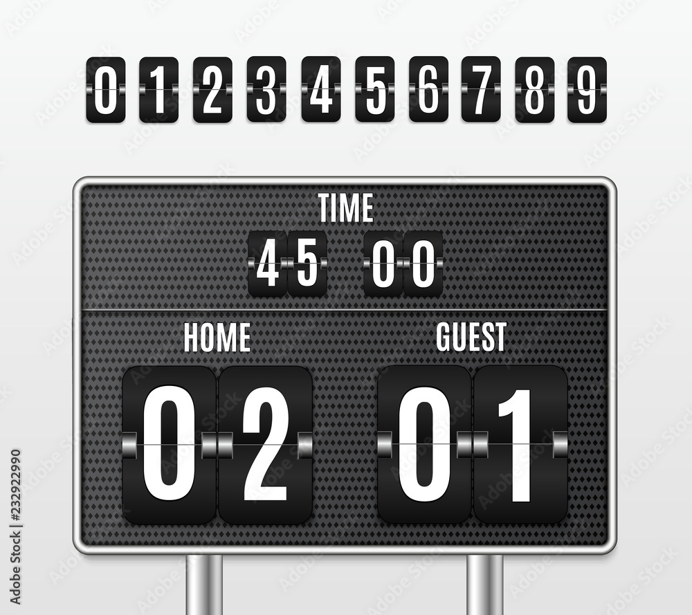 Mechanical scoreboard. Football vector illustration isolated on transparent background. Hour counter Retro vintage countdown design with time. Black countdown timer with white numbers. Vector templat Mechanical scoreboard. Football vector illustration isolated on transparent background. Hour counter Retro vintage countdown design with time. Black countdown timer with white numbers. Vector templat