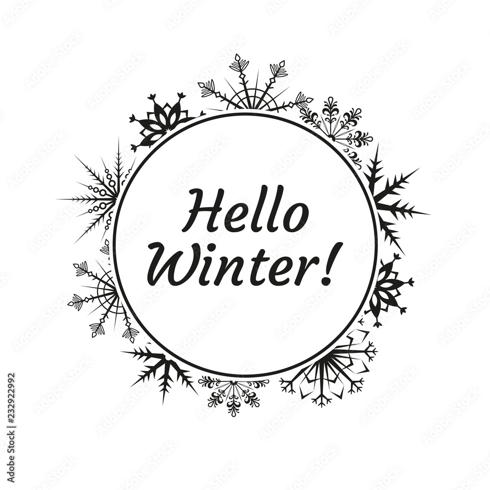 Hello winter typography text with snowflakes wreath. Winter icon, logo, badge or greeting card decor. Vector illustration. Hello winter typography text with snowflakes wreath. Winter icon, logo, badge or greeting card decor. Vector illustration.