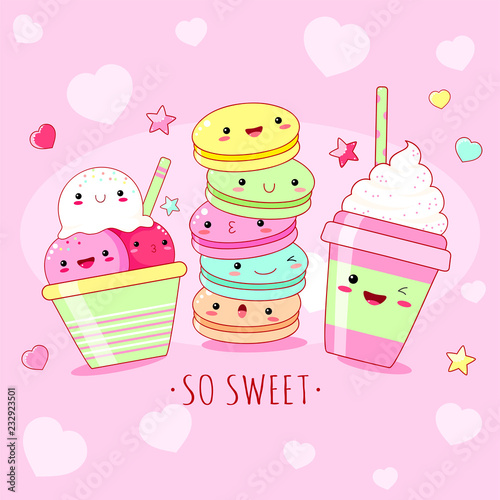 Funny background with cute sweet icons in kawaii style